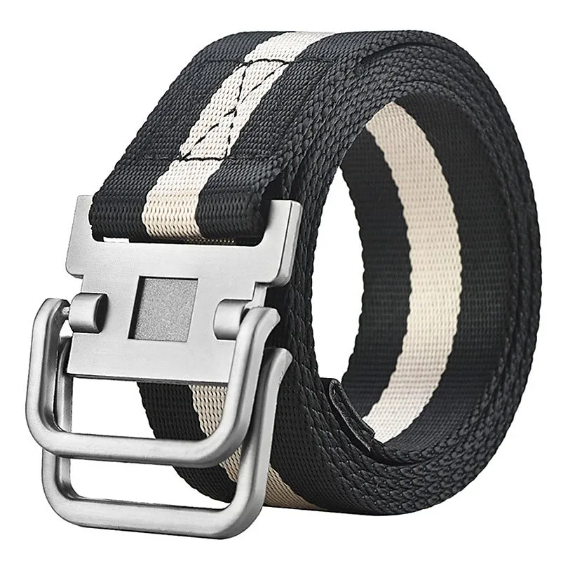 Adjustable Black Nylon Golf Belt with Double Ring Buckle - Stylish Unisex Tactical Web Canvas Belt