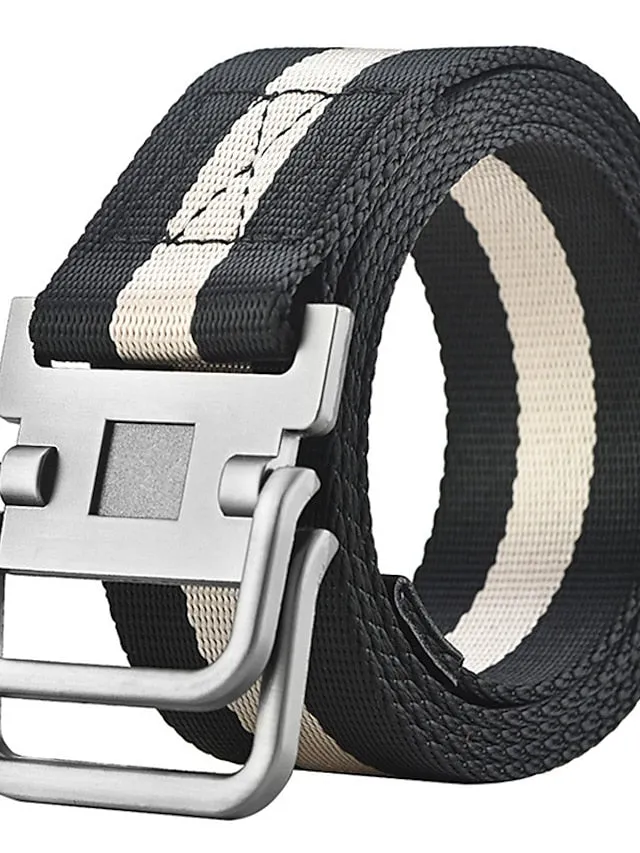 Adjustable Black Nylon Golf Belt with Double Ring Buckle - Stylish Unisex Tactical Web Canvas Belt