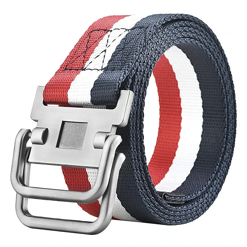 Adjustable Black Nylon Golf Belt with Double Ring Buckle - Stylish Unisex Tactical Web Canvas Belt