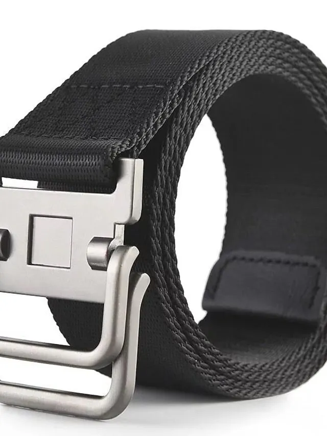 Adjustable Black Nylon Golf Belt with Double Ring Buckle - Stylish Unisex Tactical Web Canvas Belt