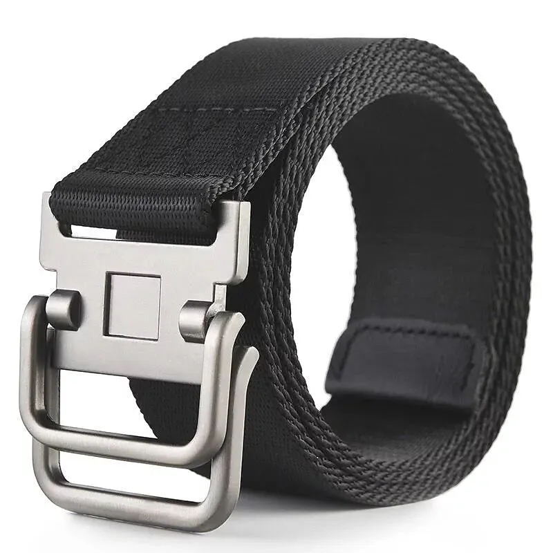 Adjustable Black Nylon Golf Belt with Double Ring Buckle - Stylish Unisex Tactical Web Canvas Belt