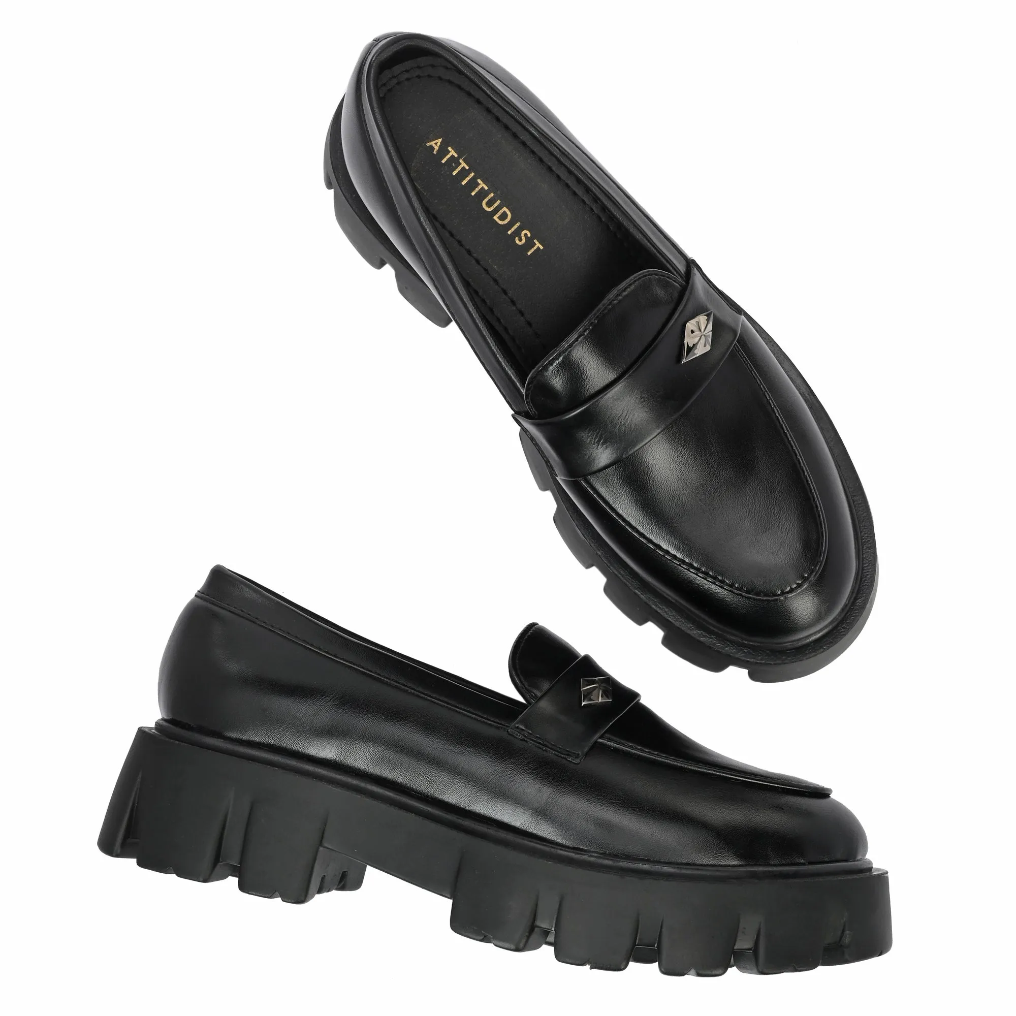 Attitudist Unisex Black Round Toe High Heel Penny Loafers