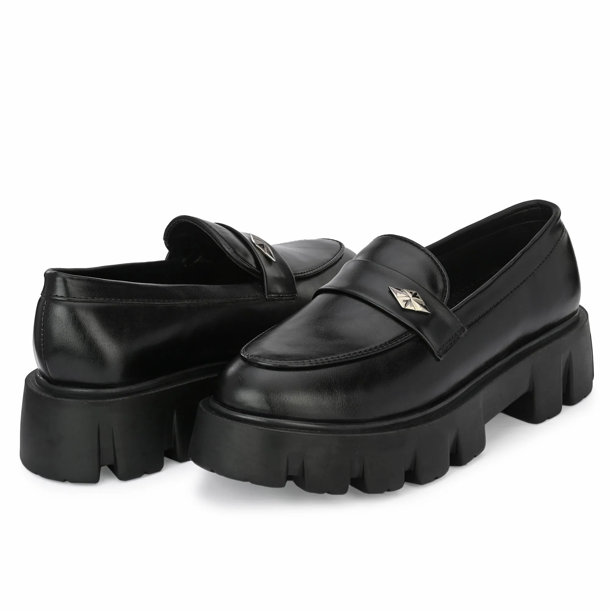 Attitudist Unisex Black Round Toe High Heel Penny Loafers