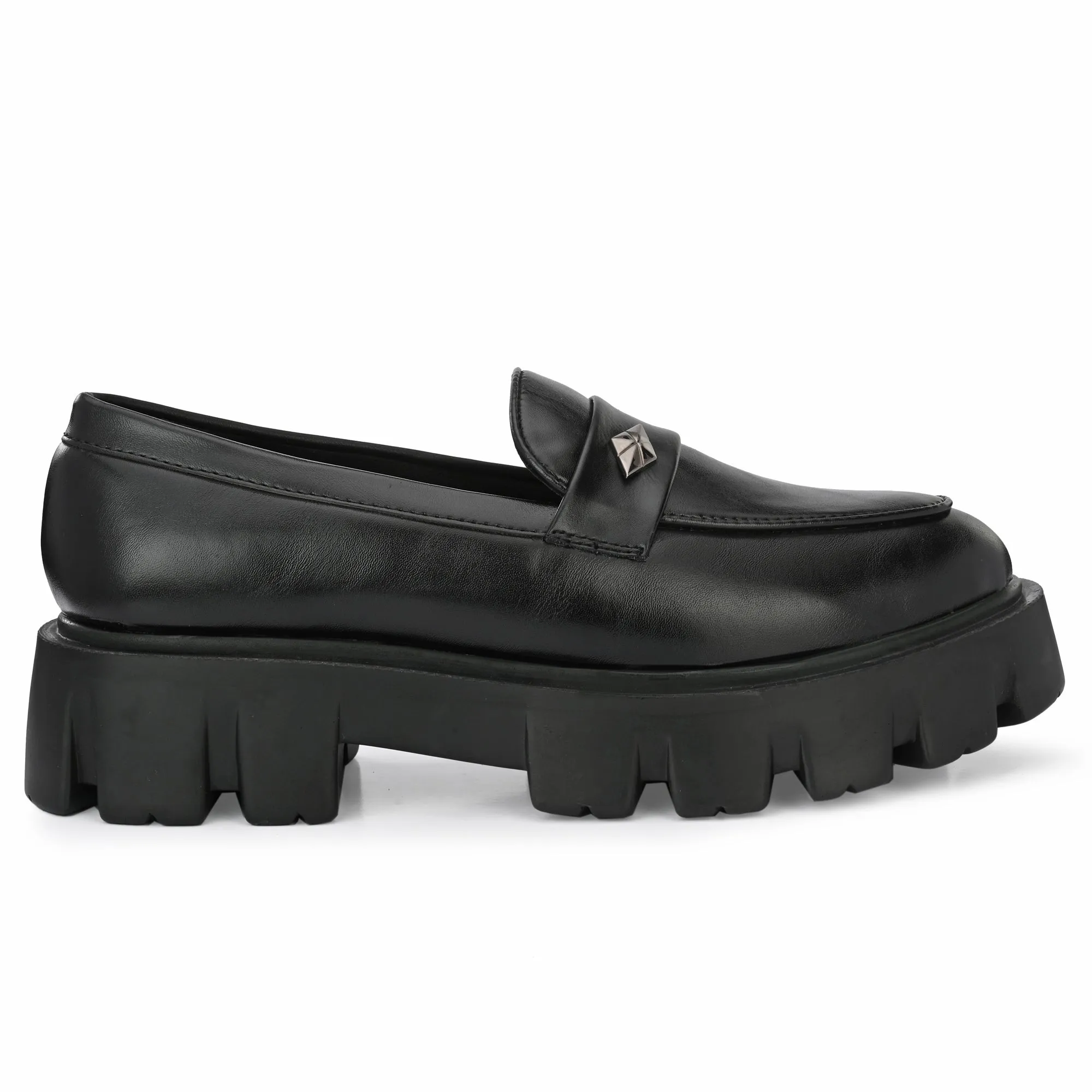 Attitudist Unisex Black Round Toe High Heel Penny Loafers