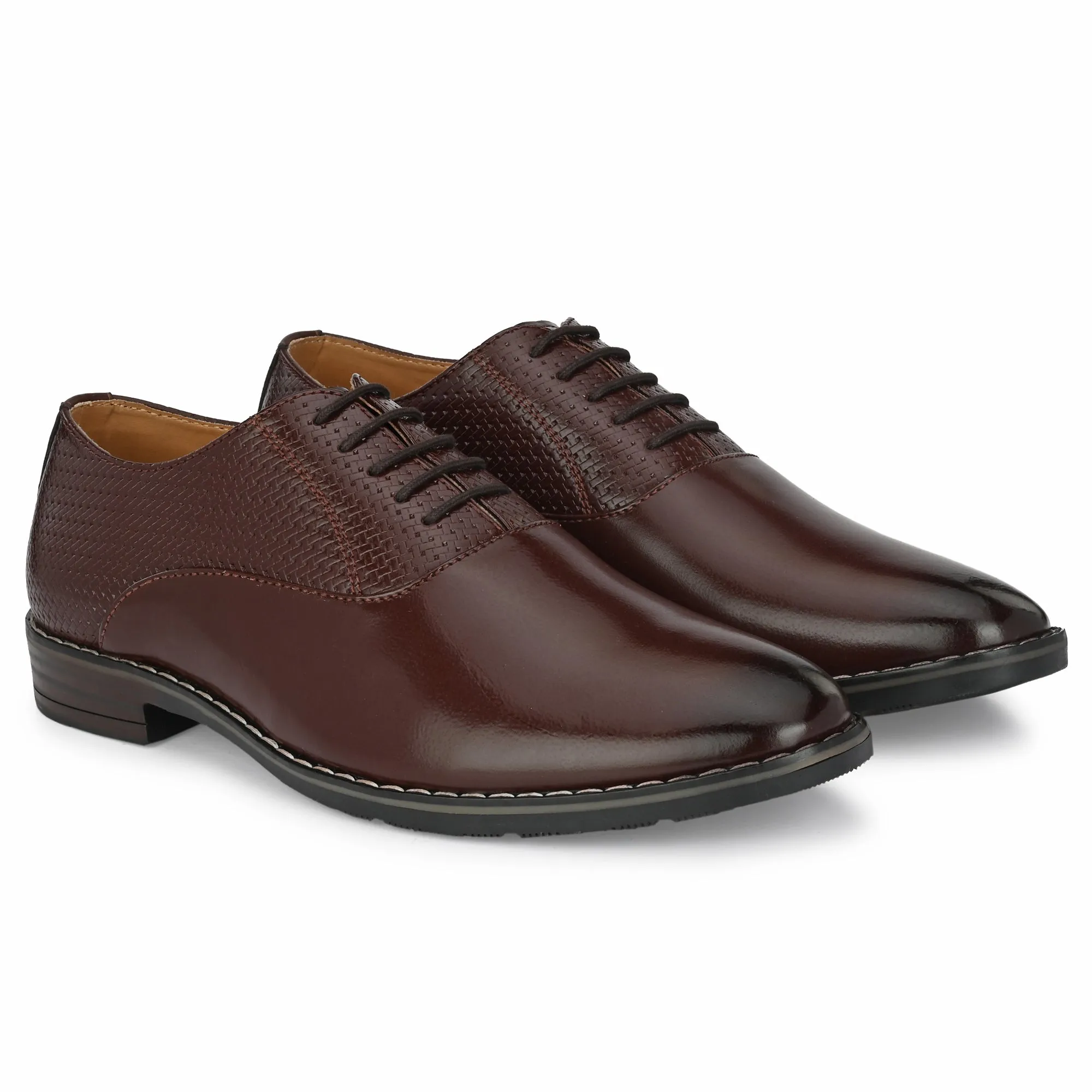 Attitudist Unisex Handcrafted Oxford Glossy Brown Laceup Derby Shoes With Semi Chatai Design