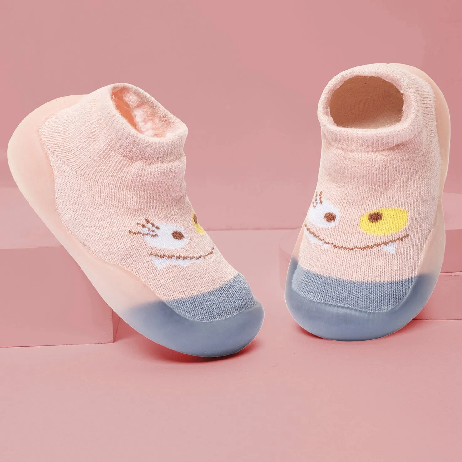 Baby Moo Cute Eye Anti-Skid Rubber Sole Comfy Slip-On Sock Shoes - Pink, Blue