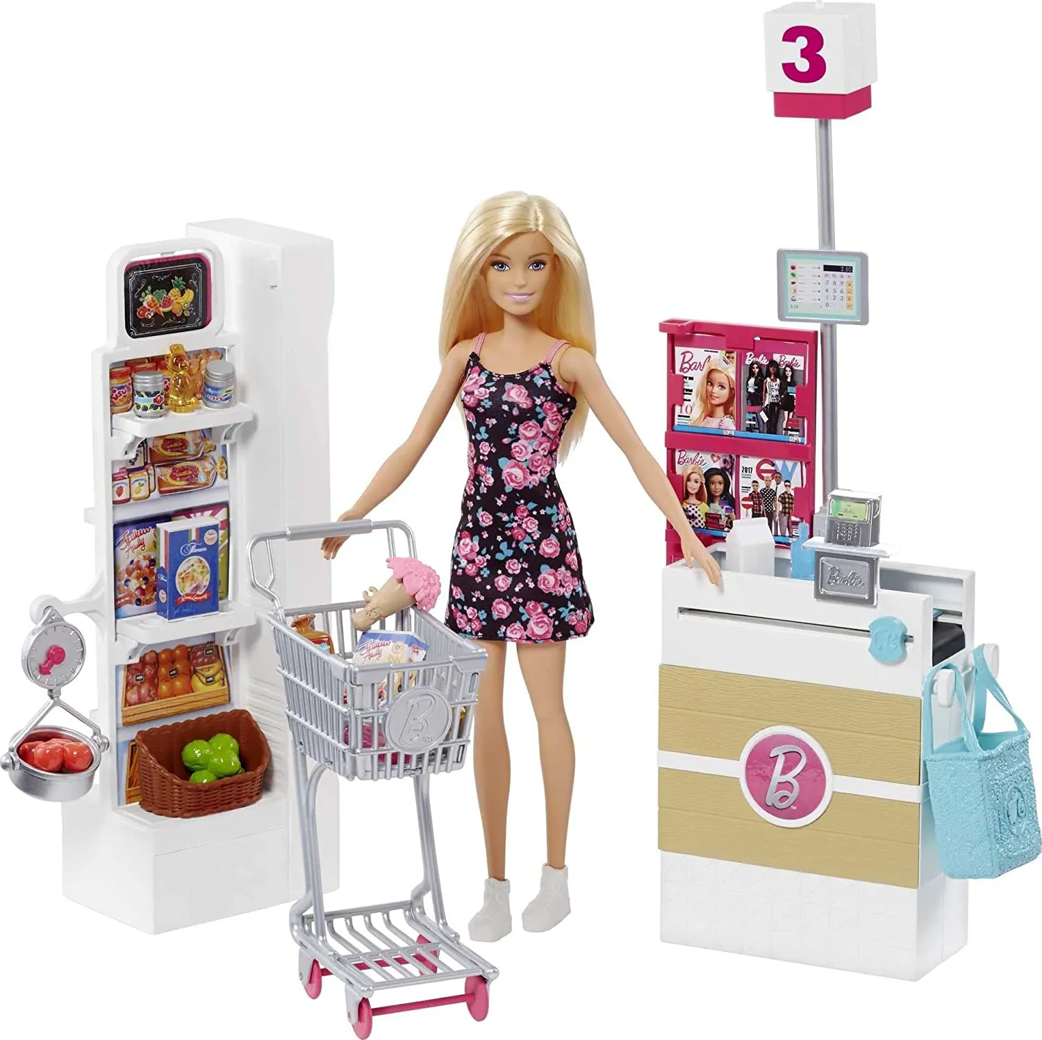 Barbie Doll, Blonde, and Grocery Store with Rolling Cart and Working Belt