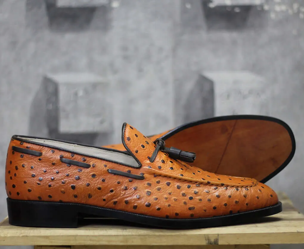 Bespoke Tan Ostrich Leather Tussle Loafer For Men's