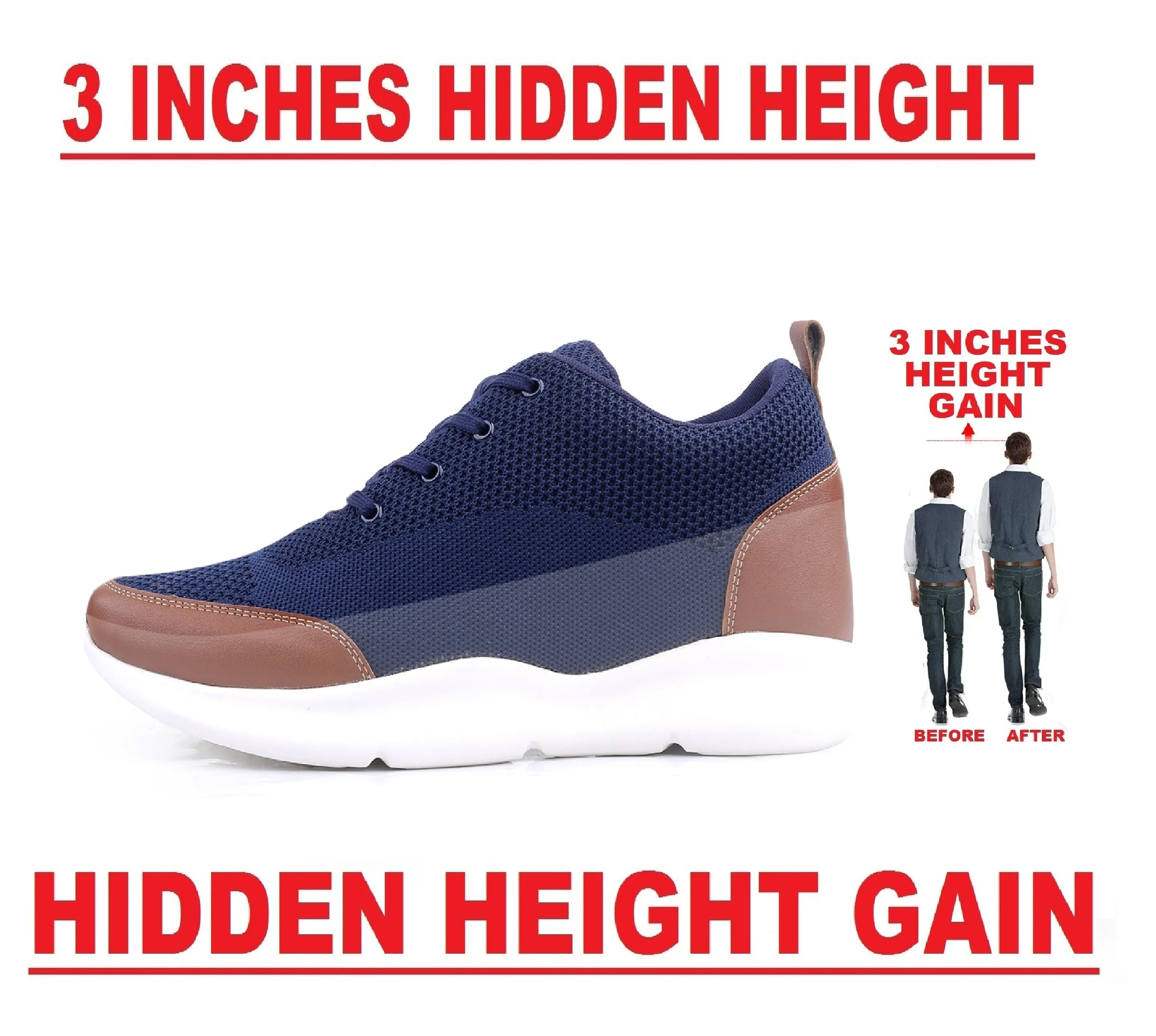 Bxxy Men's 3 Inch Hidden Height Increasing Stylish Casual Sports Lace-Up Shoes