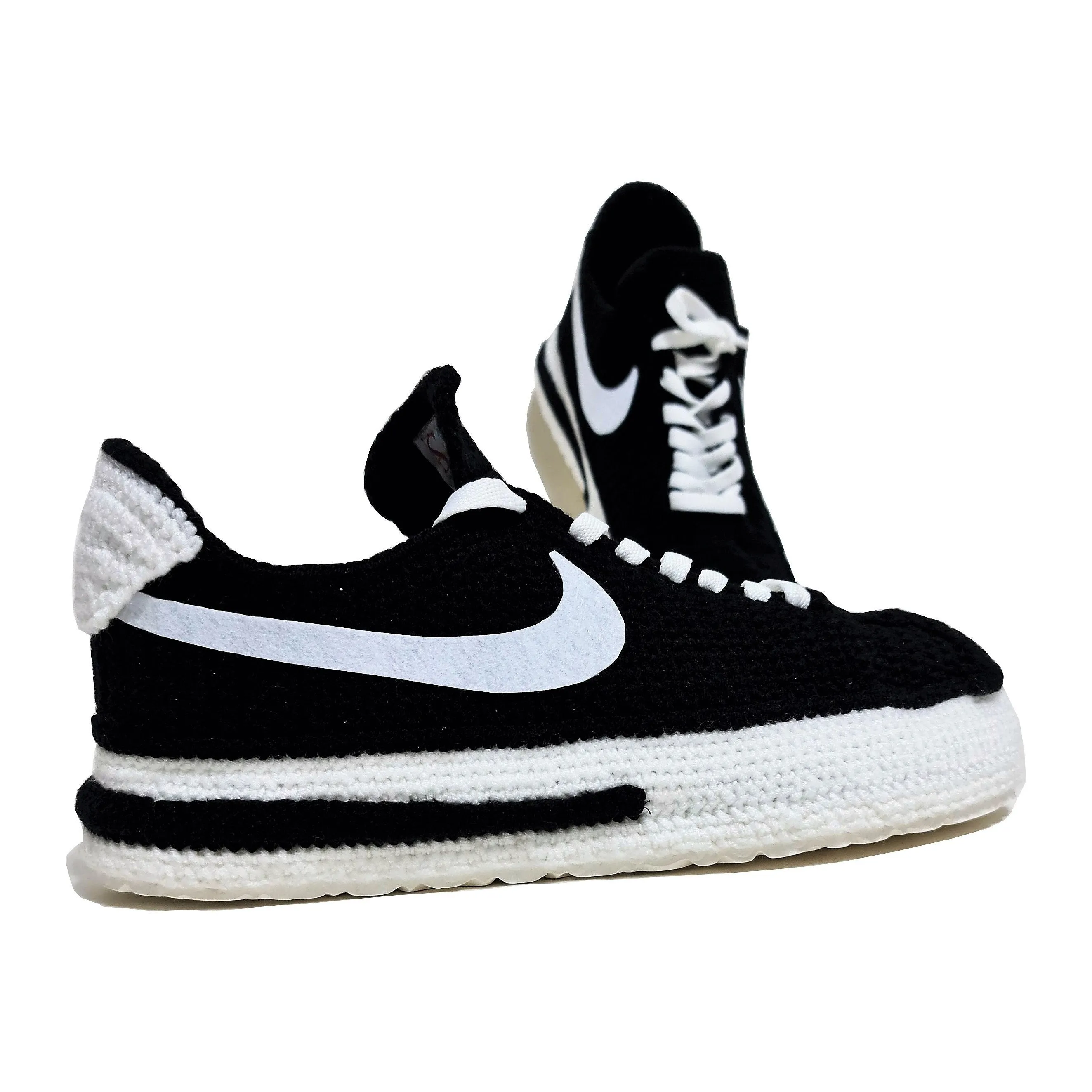 Classic Cortez Crochet Black/White Slippers Custom Sneakers - Soft Plush Breathable Socks Comfortable Shoes