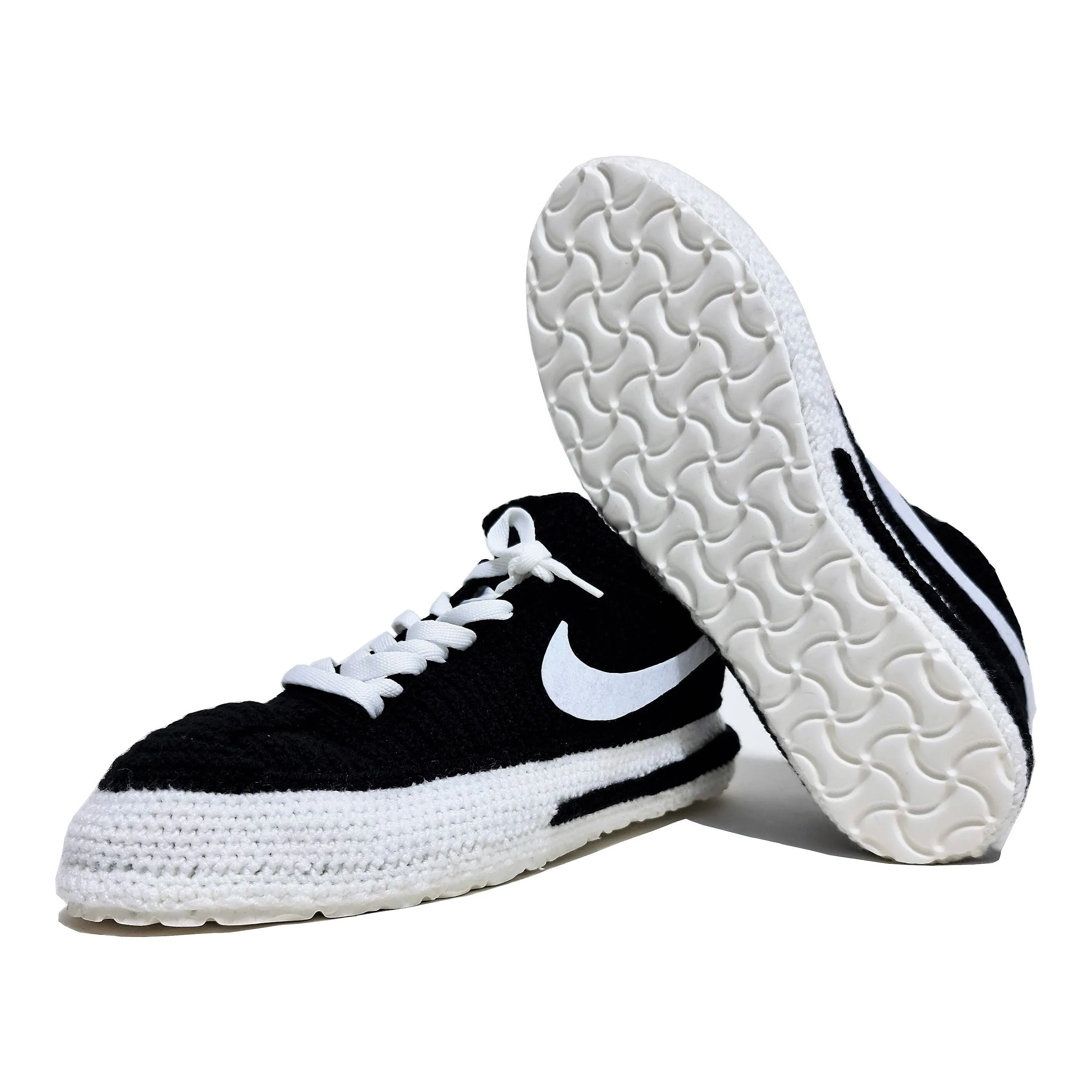 Classic Cortez Crochet Black/White Slippers Custom Sneakers - Soft Plush Breathable Socks Comfortable Shoes