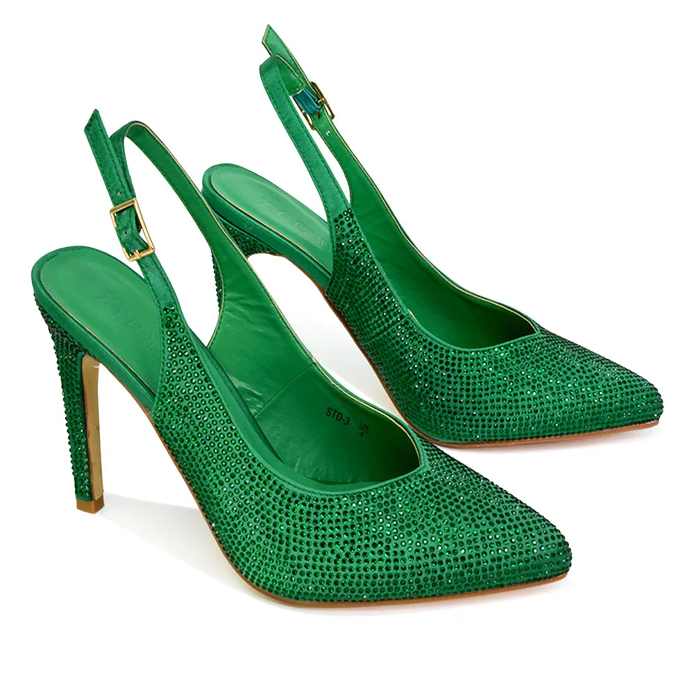 Divine Diamante Pointed Toe Slingback Bridal High Heel Stilettos in Green