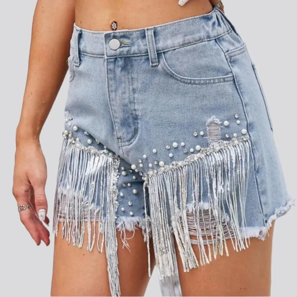 Embellished light-wash jean shorts for ladies