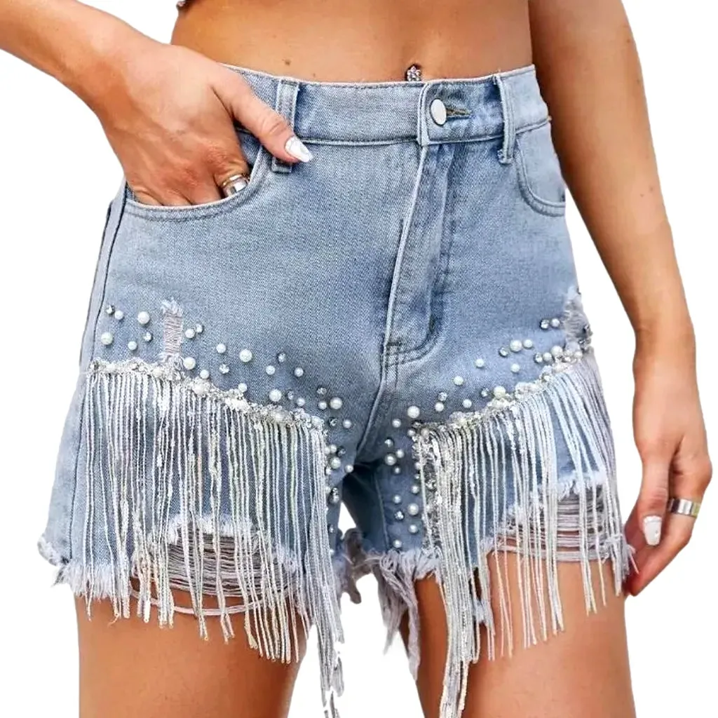 Embellished light-wash jean shorts for ladies