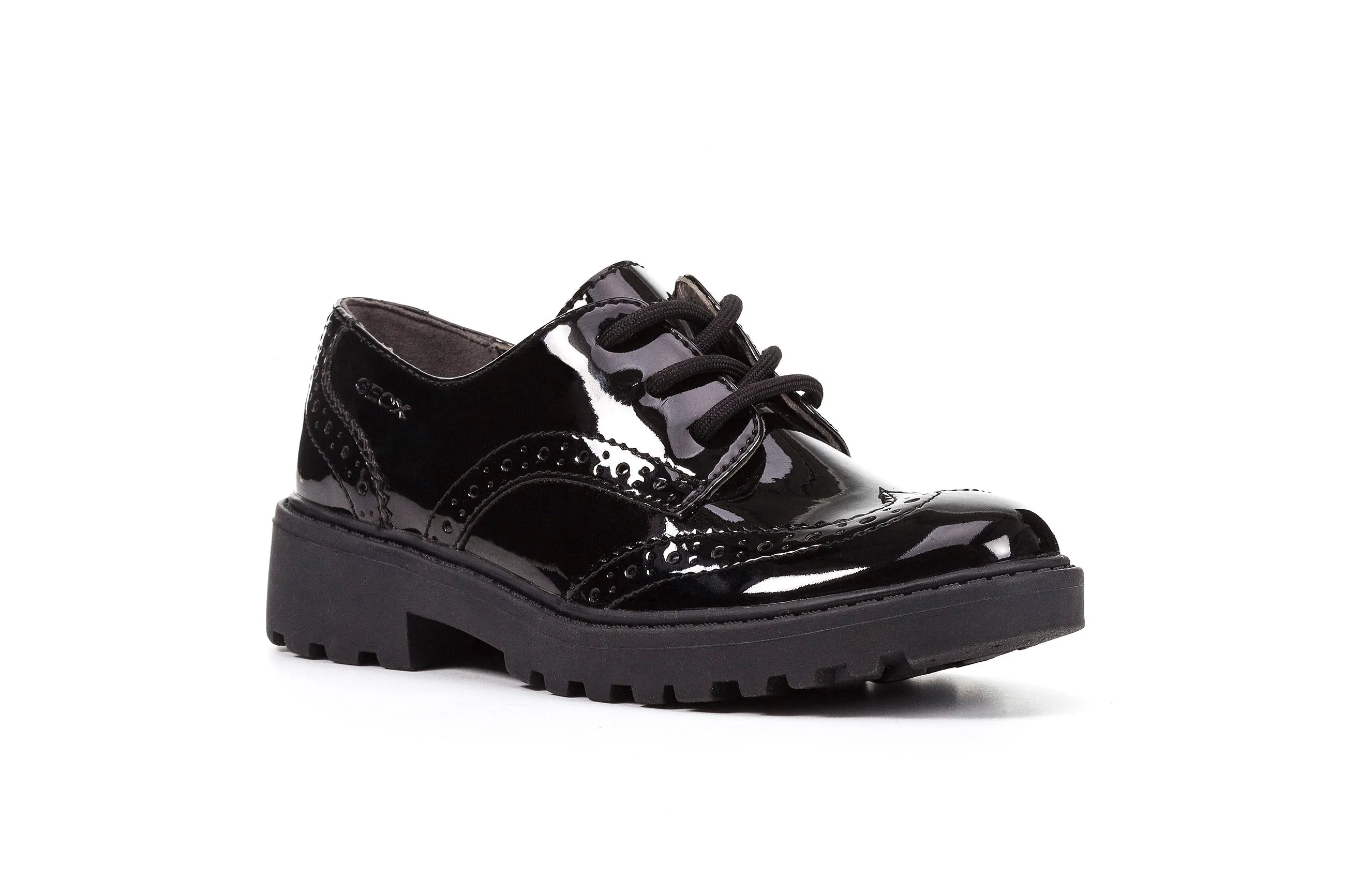 Geox Casey Brogue Girls Black Patent School Shoe