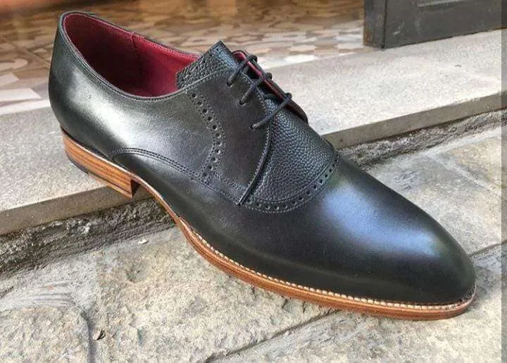 Handmade Men's Black Leather Derby Lace Up Shoe