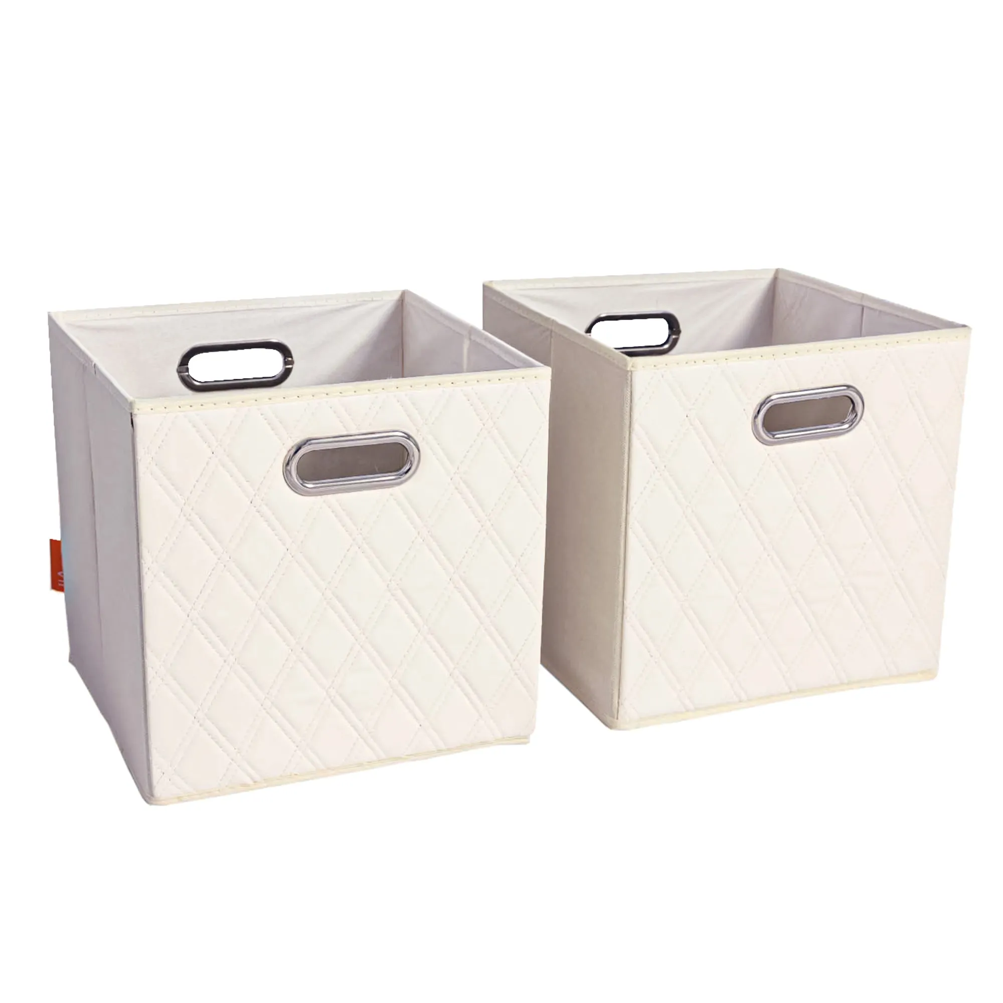 JIAessentials 13 inch Foldable Diamond Patterned Faux Leather Storage Cube Bins Set of Two with Dual Handles - 13" Beige