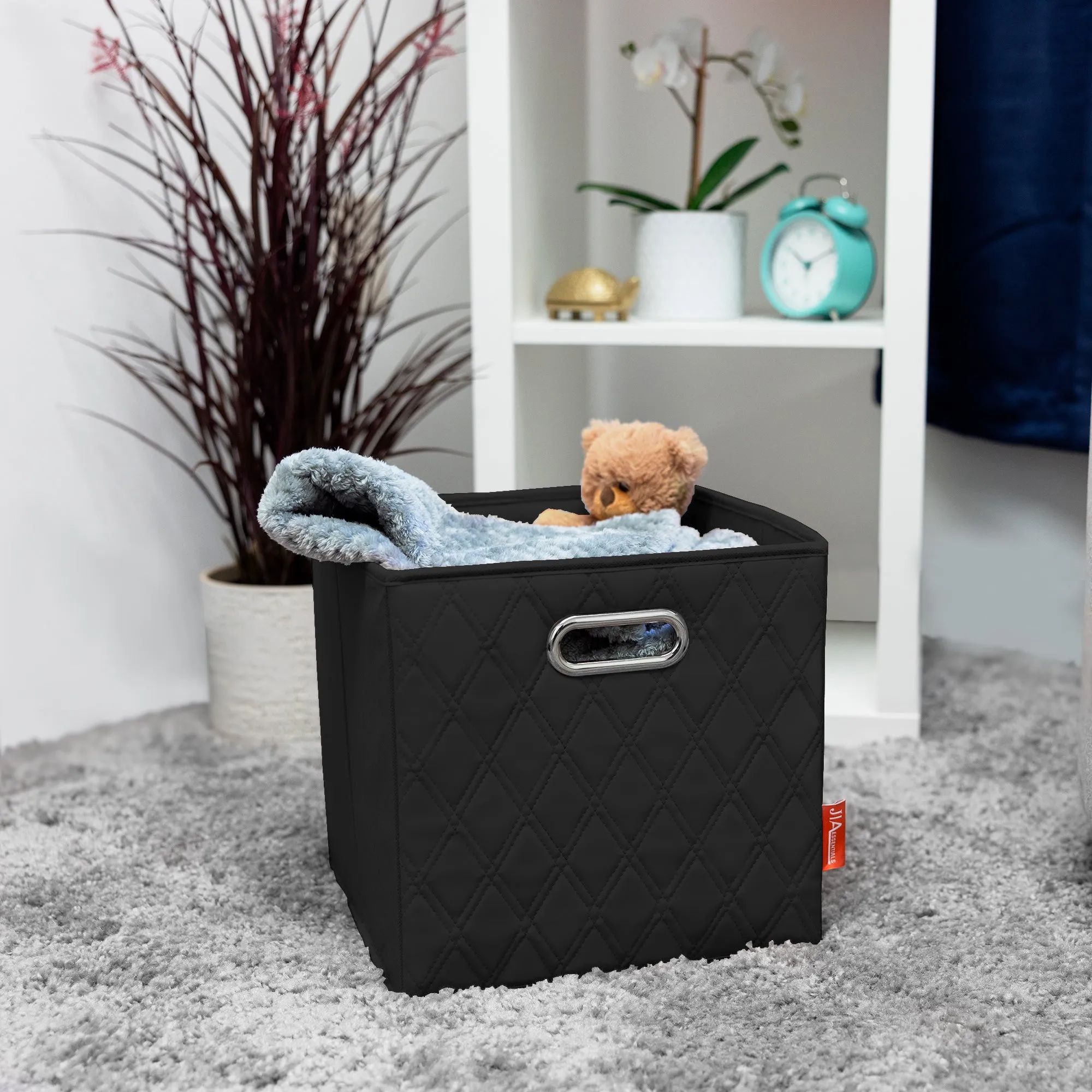 JIAessentials 13 inch Foldable Diamond Patterned Faux Leather Storage Cube Bins Set of Two with Dual Handles - 13" Black