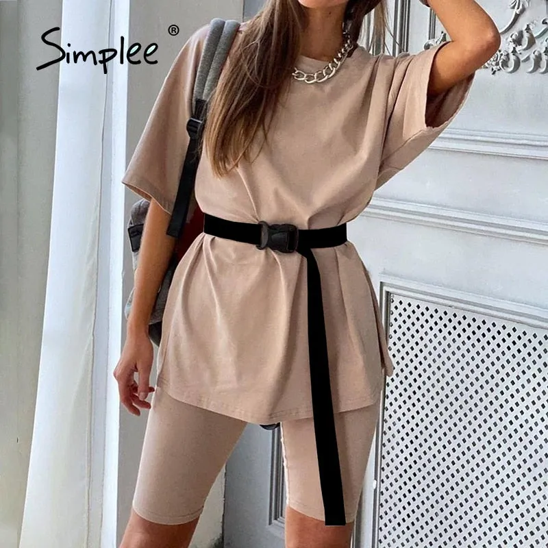 Joskaa Casual Solid Outfits Women's Two Piece Suit with Belt Home Loose Sports Tracksuits Fashion Bicycle Summer Hot Suit 2020