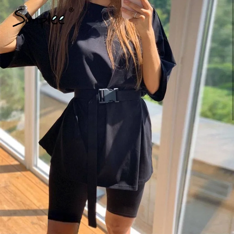 Joskaa Casual Solid Outfits Women's Two Piece Suit with Belt Home Loose Sports Tracksuits Fashion Bicycle Summer Hot Suit 2020