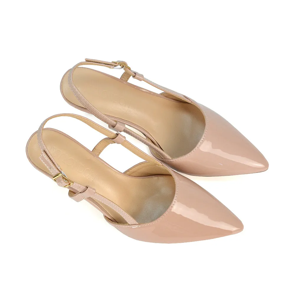 Karla Mid Heel Stilettos Pointed Toe Slingback Court Shoes in Nude Patent