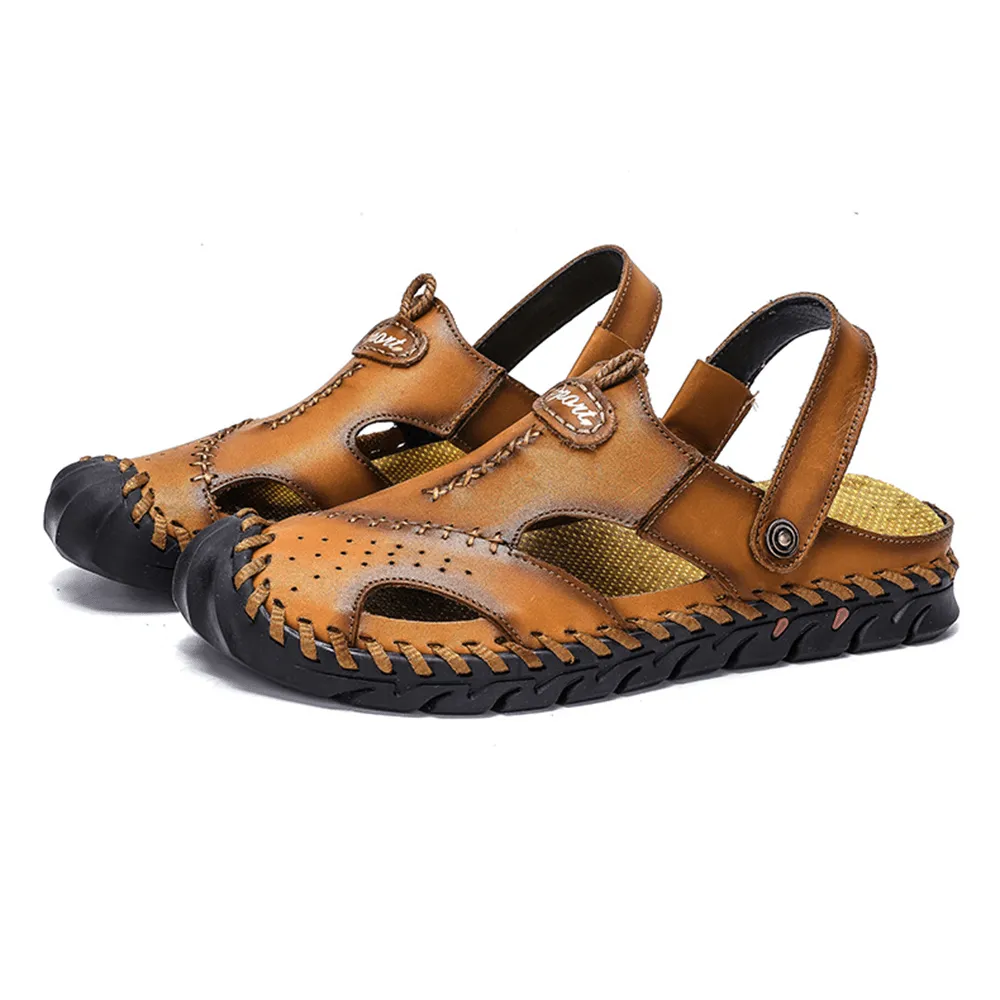 kkboxly kkboxly Men Hand Stitching Non Slip Outdoor Casual Beach Leather Sandals