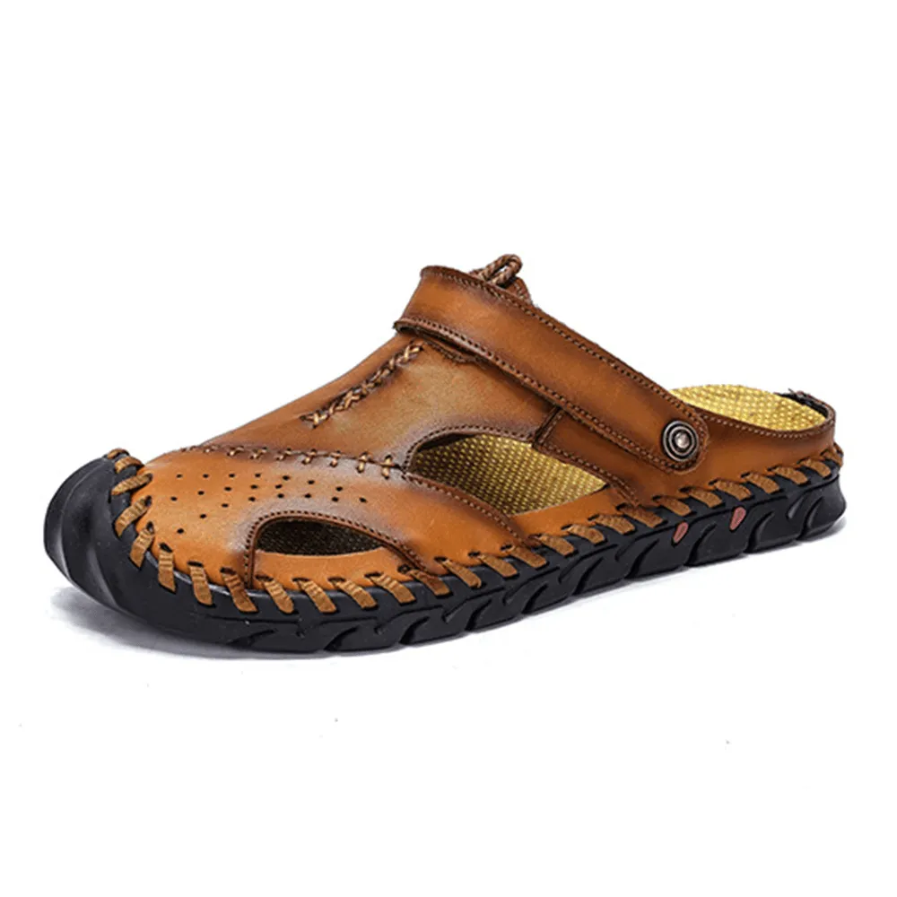 kkboxly kkboxly Men Hand Stitching Non Slip Outdoor Casual Beach Leather Sandals