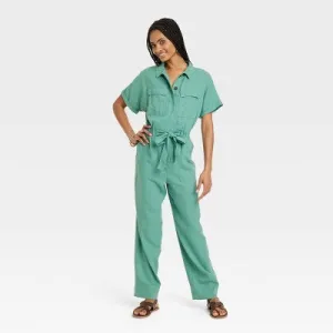 New - Women's Short Sleeve Linen Boilersuit - Universal Thread Green 0