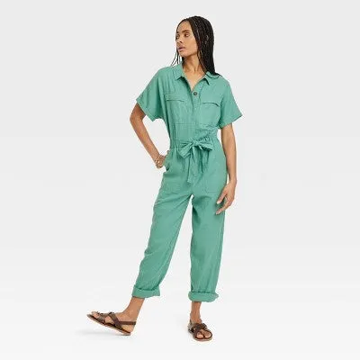 New - Women's Short Sleeve Linen Boilersuit - Universal Thread Green 0