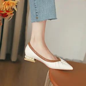 Nude Block Heels Closed Toe Pearl Shoes Women's Women's Fashion Shoes round Toe