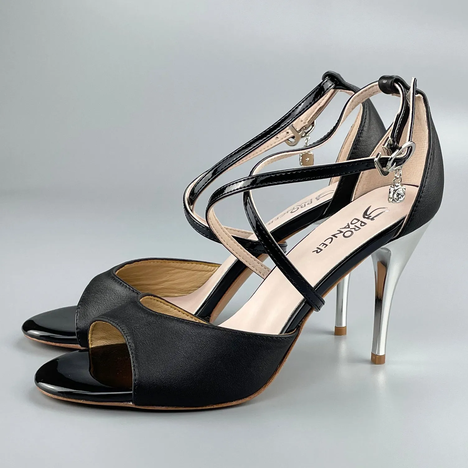 Open-toe and Closed-back Argentine Tango Shoes High Salsa Heels Hard Leather Sole Sandals Black