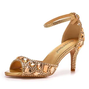 Peep Toe Rhinestone Decor Ankle-Strap High Heels