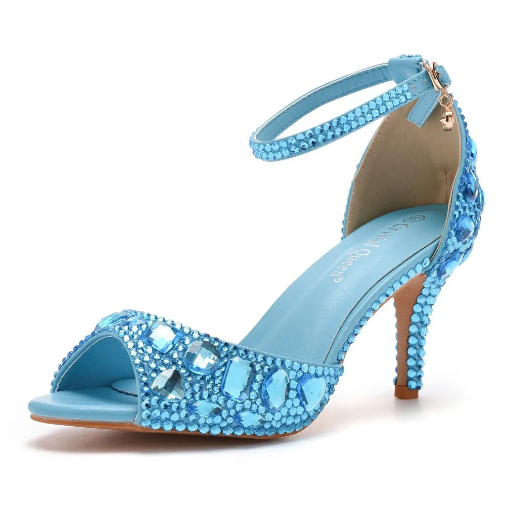 Peep Toe Rhinestone Decor Ankle-Strap High Heels