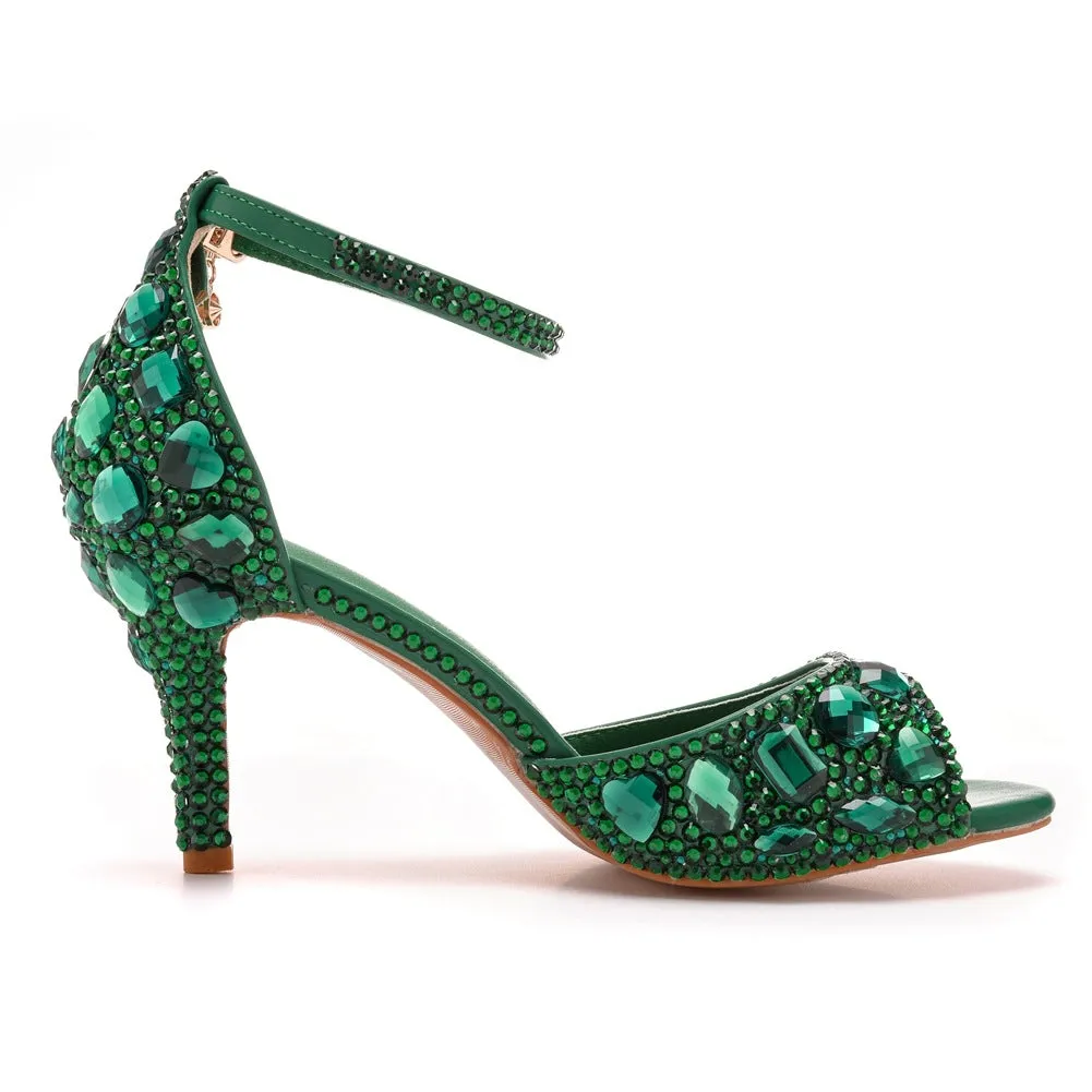 Peep Toe Rhinestone Decor Ankle-Strap High Heels