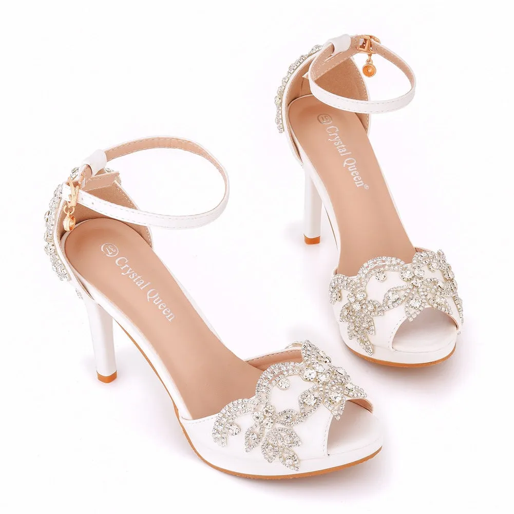 Peep Toe Rhinestone Flower Decor Platform Ankle-Strap High Heels