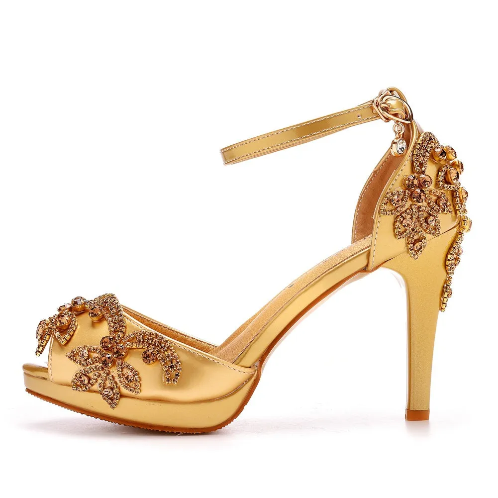 Peep Toe Rhinestone Flower Decor Platform Ankle-Strap High Heels