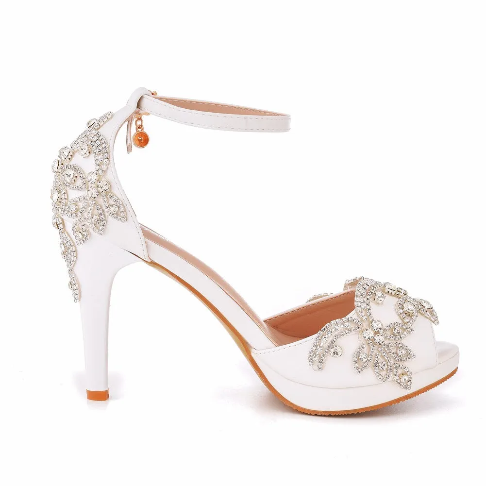 Peep Toe Rhinestone Flower Decor Platform Ankle-Strap High Heels