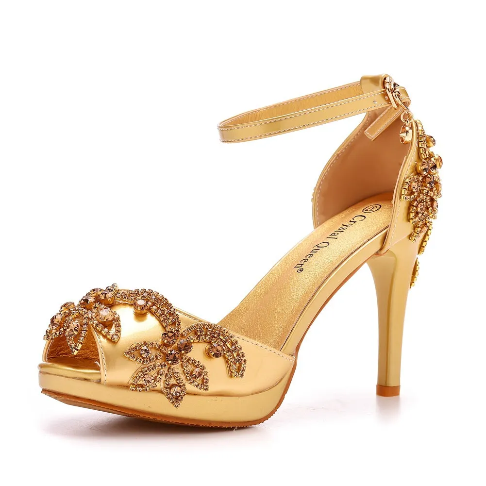 Peep Toe Rhinestone Flower Decor Platform Ankle-Strap High Heels