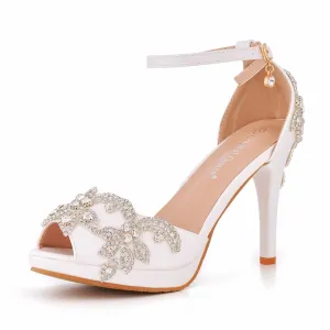 Peep Toe Rhinestone Flower Decor Platform Ankle-Strap High Heels