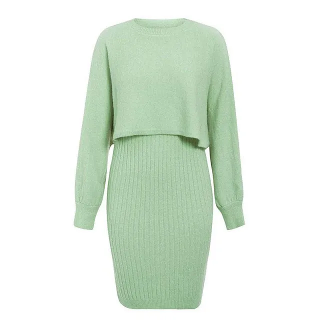 Playful Classy Knitted Sweater Dress | Two Piece Sweater Dress Set | Crop Pullover