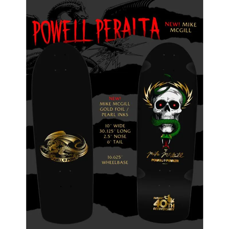 Powell Peralta 10" x 30.125" Mike McGill Skull & Snake McTwist 40th Ann. Gold Foil/Black Skateboard Deck