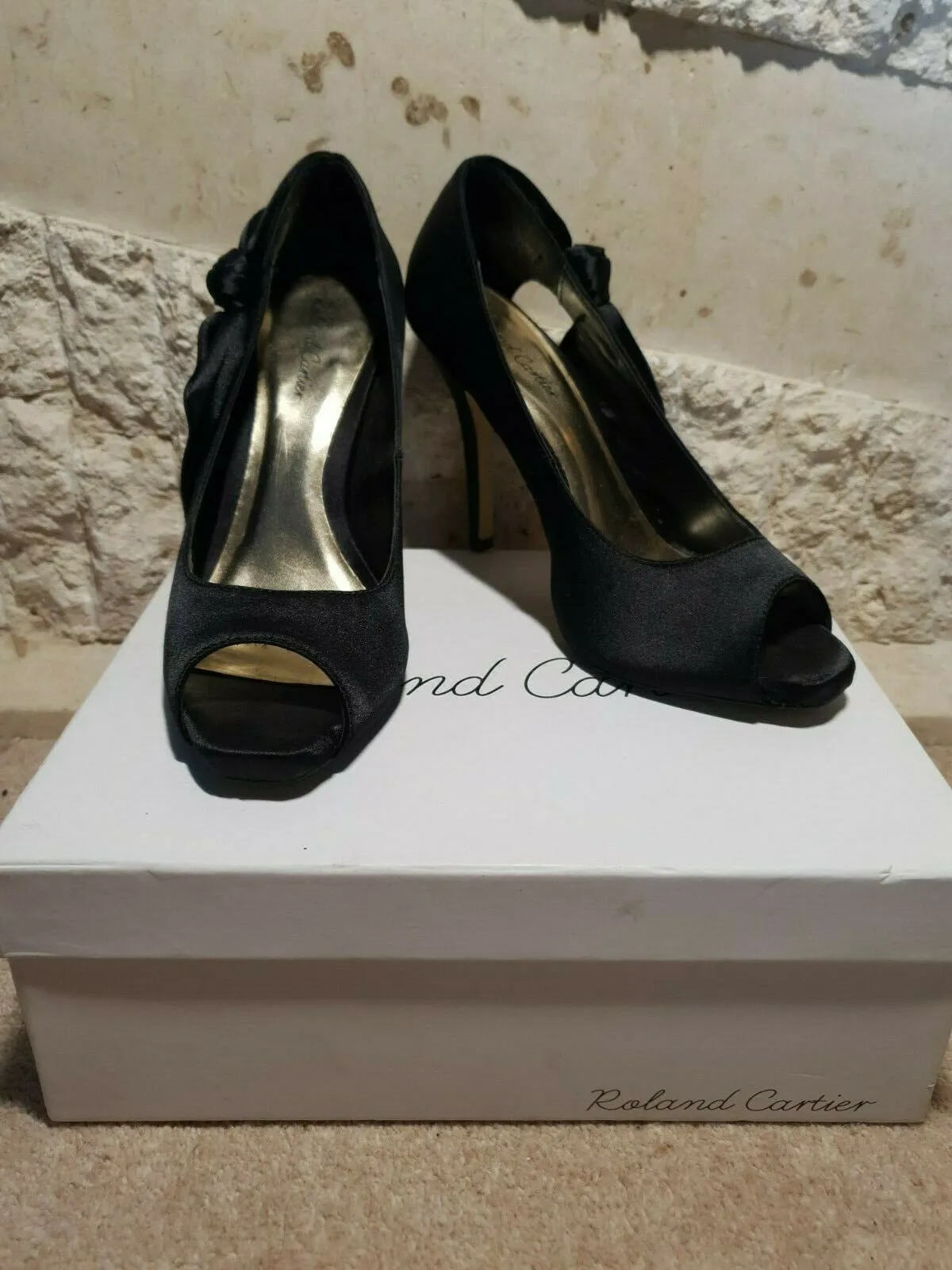 Roland Cartier Women's Black Satin Peep Toe Court Shoes UK 5