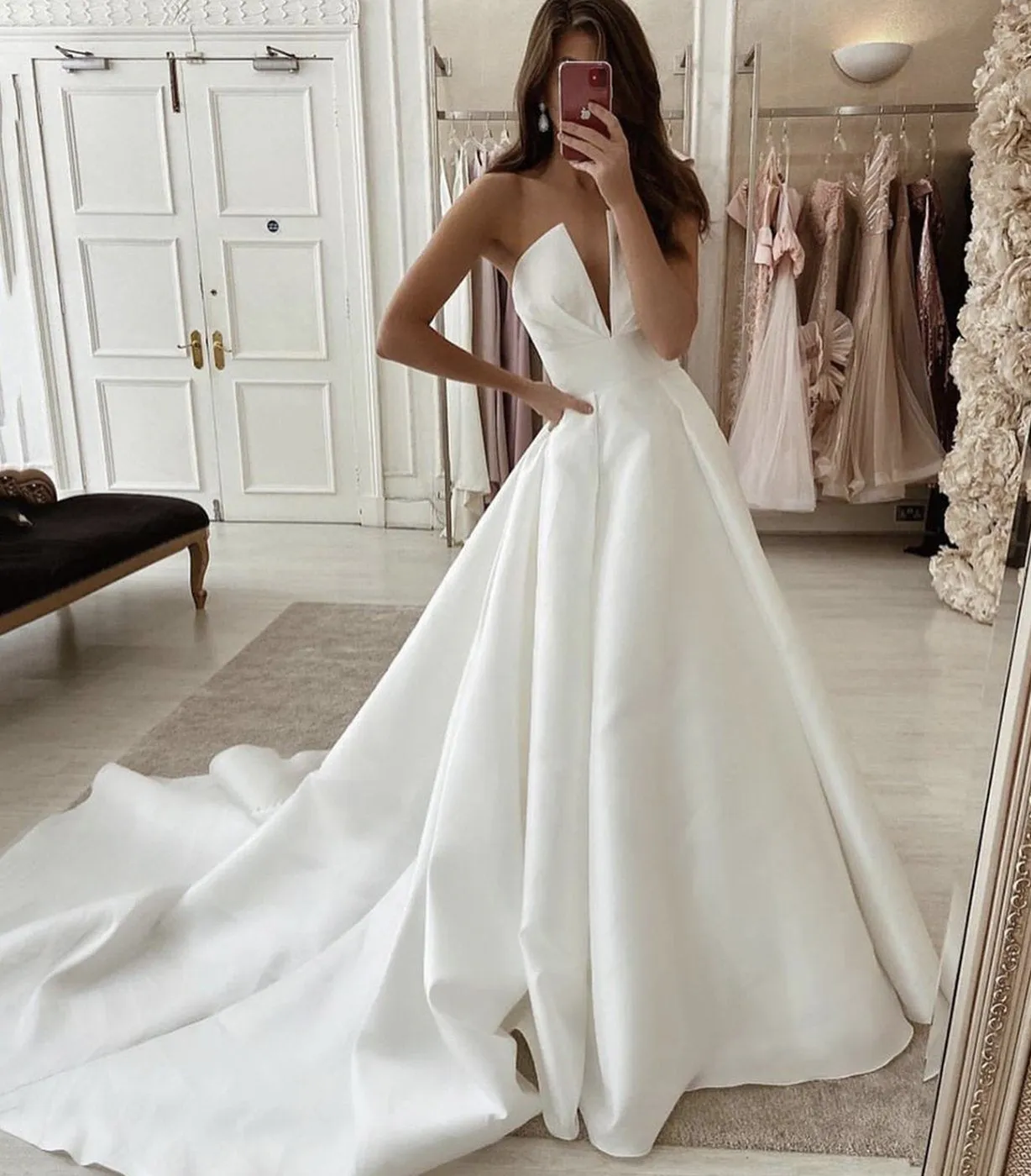 Simple Deep V Neck Strapless Satin Wedding Dress, A Line Brial Dress UQW0027