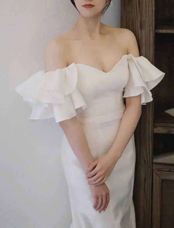 Simple Mermid Satin Wedding Dress with Ruffles, Bridal Gown with Train UQW0044