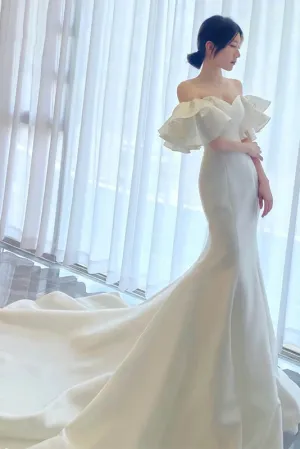 Simple Mermid Satin Wedding Dress with Ruffles, Bridal Gown with Train UQW0044