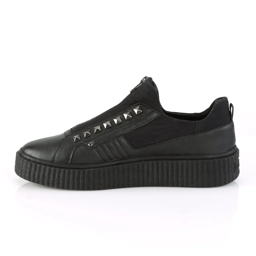 Sneeker-125 Black Canvas and Vegan Leather Sneaker Platform Creeper Shoe w/ Black Studs