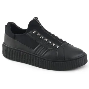 Sneeker-125 Black Canvas and Vegan Leather Sneaker Platform Creeper Shoe w/ Black Studs