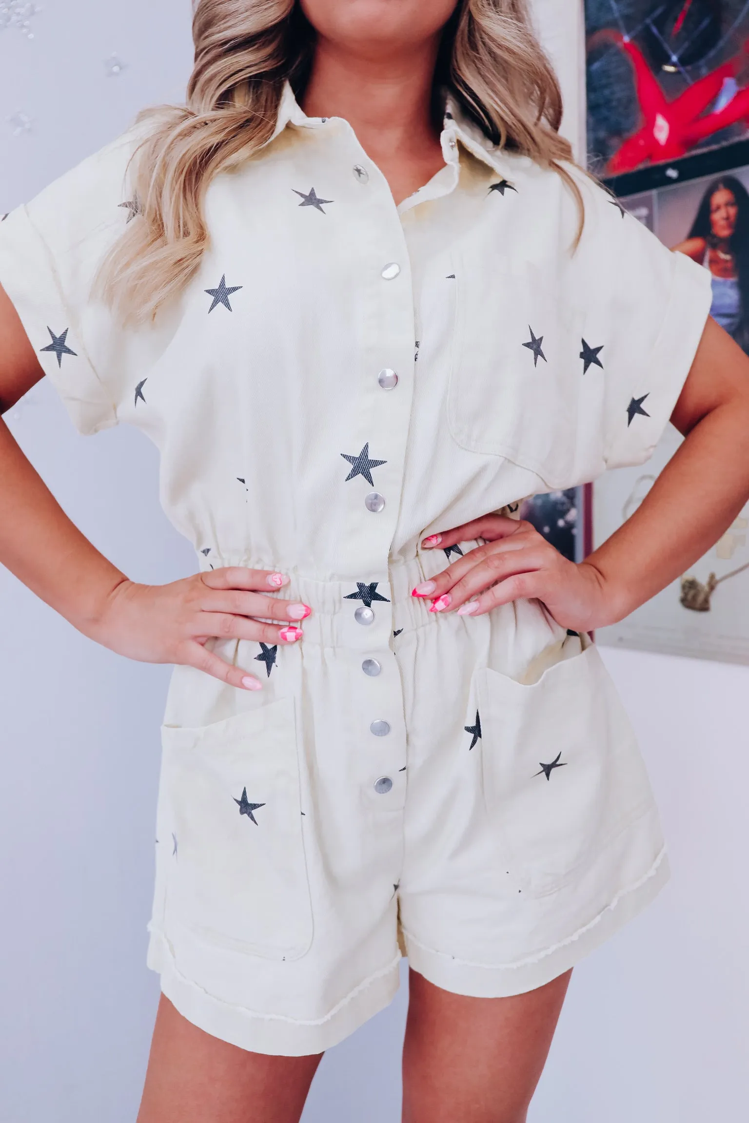 Star Struck Denim Romper - Cream