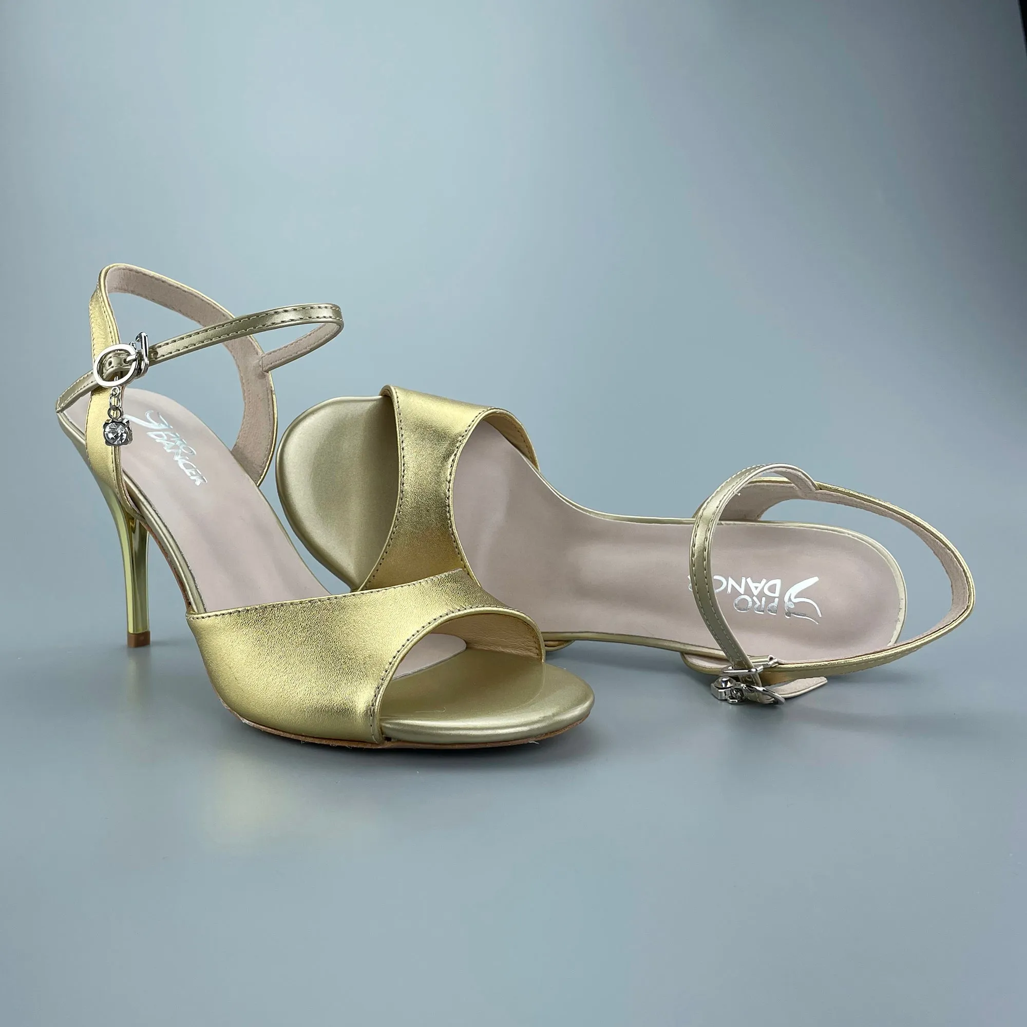 Tango Shoes - Gold Open-Toe High Heels, Hard Leather Sole