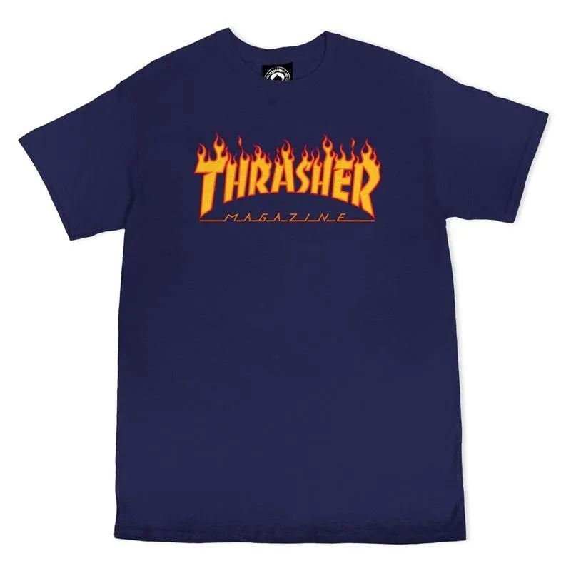 Thrasher Skateboard Magazine Flame Logo Navy T-Shirts